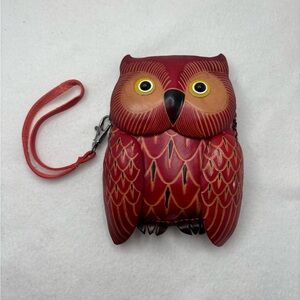Handcrafted Owl Red Leather Wristlet